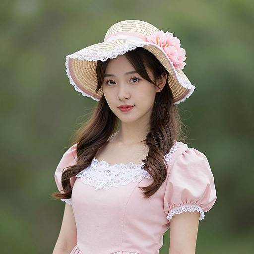 Photograph of an Asian woman with long brown hair, wearing a pink lace-trimmed dress and a white straw hat with a pink flower, against