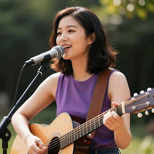 Joyful Woman Singing Outdoors with Guitar