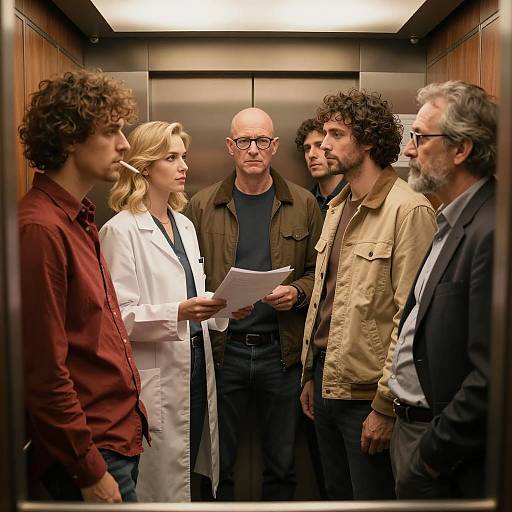 Group of People Standing in Wooden Elevator
