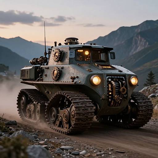 Steampunk Landcrawler in Twilight Mountains