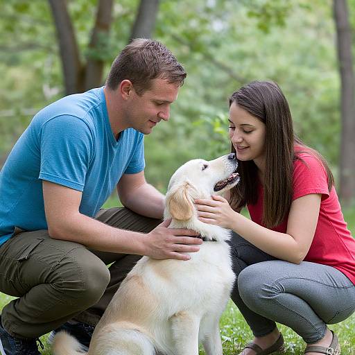 Photograph of a young couple in blue and red shirts, crouching and smiling at a white golden retriever in a green, tree-filled park