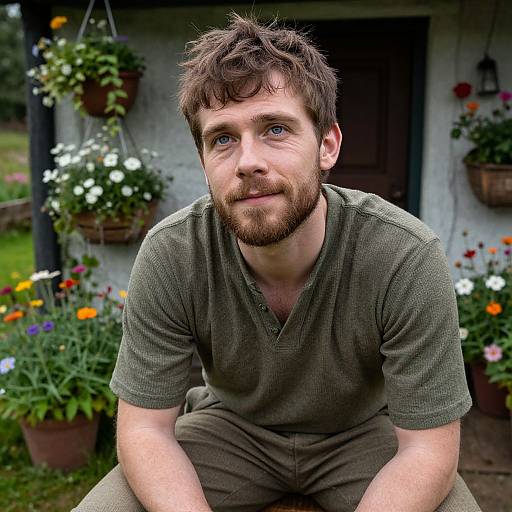Photograph of a bearded, blue-eyed man with tousled brown hair, wearing a green ribbed shirt and brown pants, sitting outdoors in a