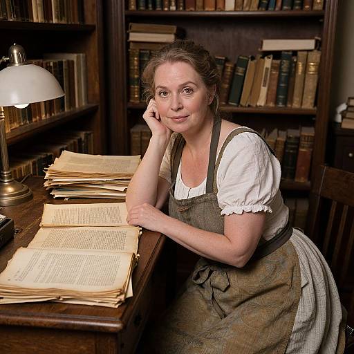 Photograph of a middle-aged woman with light skin and brown hair, wearing a white blouse and brown pinafore, sitting at a wooden desk with
