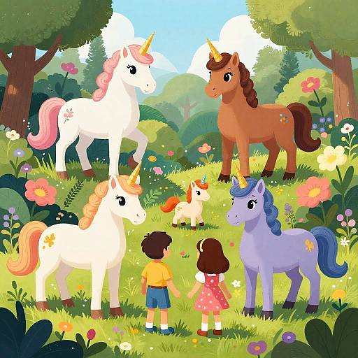 Whimsical digital illustration of a colorful forest with four unicorns and two children, surrounded by vibrant flowers and lush greenery.