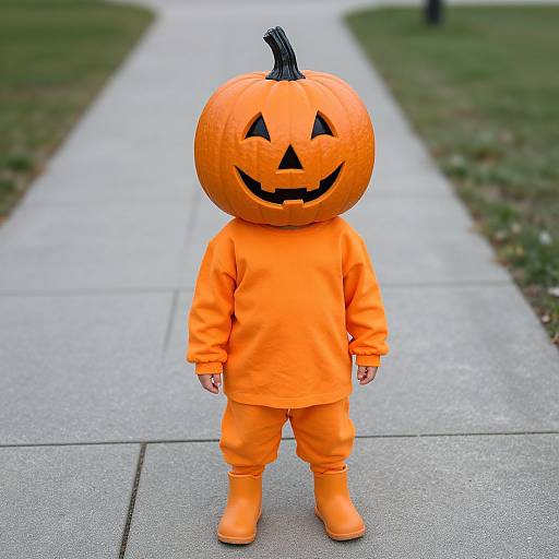 Photograph of a child in an orange pumpkin costume with a carved jack-o'-lantern head, standing on a concrete sidewalk in a grassy park