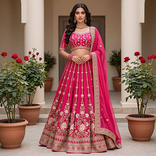 Photograph of a beautiful South Asian woman with long black hair, wearing a vibrant pink traditional lehenga with gold embroidery, standing in an arched courtyard