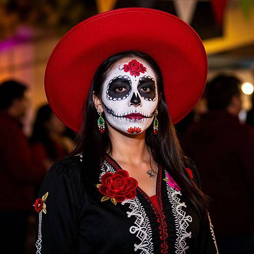 Photograph of a woman in Day of the Dead makeup, white face paint with black accents, red flower on forehead, red hat, black embroidered top