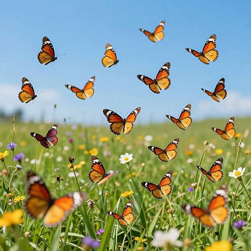 Photograph of vibrant orange and black butterflies fluttering above a lush, colorful meadow filled with wildflowers under a clear blue sky.