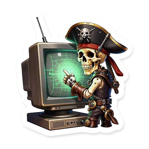 Digital illustration of a cartoon pirate skeleton in a tricorn hat, pointing at a green-screened CRT TV with an antenna.
