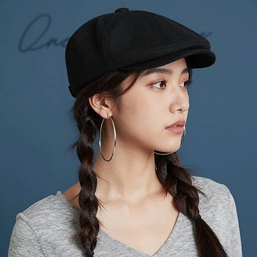 Woman in Black Flat Cap with Hoop Earrings