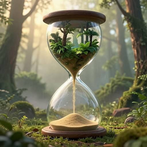 Photograph of a glass hourglass with a forest inside, featuring tiny trees and plants, set on mossy forest floor, sunlight filtering through trees in