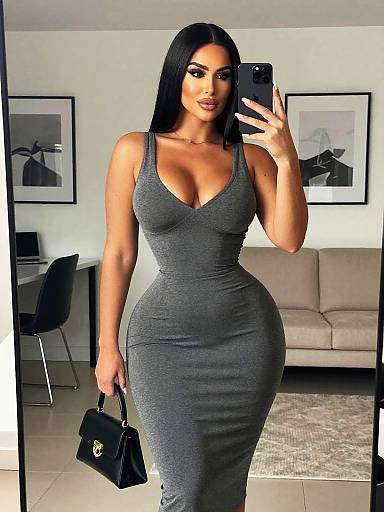 Photograph of a curvy woman with long black hair, wearing a tight, gray, deep V-neck dress, holding a black purse, taking a