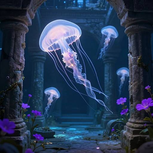 Glowing Jellyfish in Submerged City