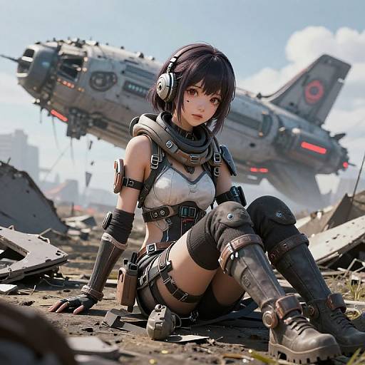 Digital artwork of a fierce, dark-haired, anime-style warrior girl with black armor and headphones, sitting amidst a post-apocalyptic ruins with a hovering,
