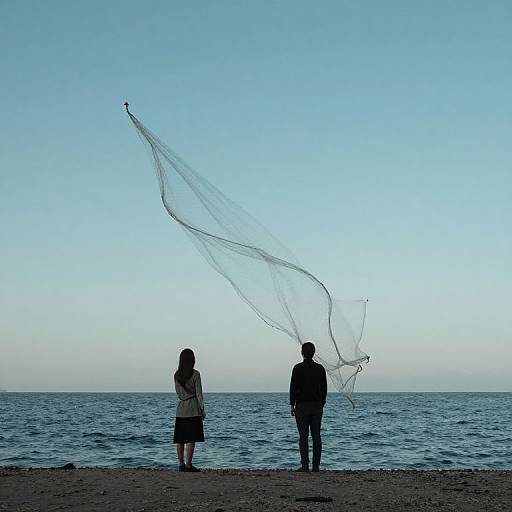 Photograph of a silhouetted man and woman standing on a beach, facing the ocean, with a large fishing net flying above them against a