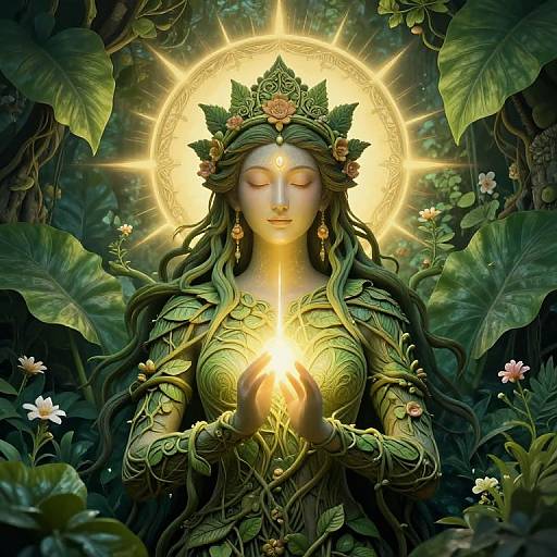 Digital artwork of a serene, ethereal woman with green leafy attire, glowing halo, and golden light, surrounded by lush foliage and flowers.