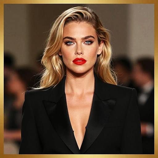 Photograph of a blonde, blue-eyed model with red lipstick, wearing a black blazer, on a fashion runway with blurred background.