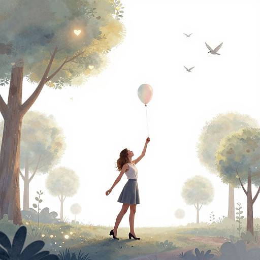 Digital illustration of a curly-haired woman in a white blouse and blue skirt, releasing a balloon in a sunlit forest. Birds fly overhead, trees frame