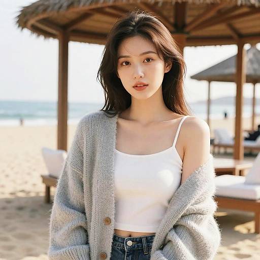 Woman in Cozy Cardigan at Beach Resort