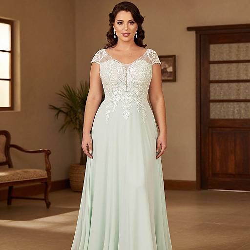 Photograph of a curvy, dark-haired woman in a white lace-trimmed, V-neck, floor-length wedding gown, standing in a sun