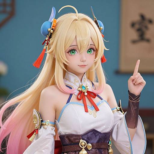 CGI anime-style photograph of a blonde, green-eyed, fair-skinned girl with long hair, blue and red hairpins, white and blue outfit