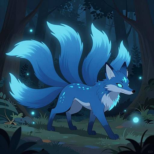 Blue Fox-Like Creature with Glowing Tails in Forest