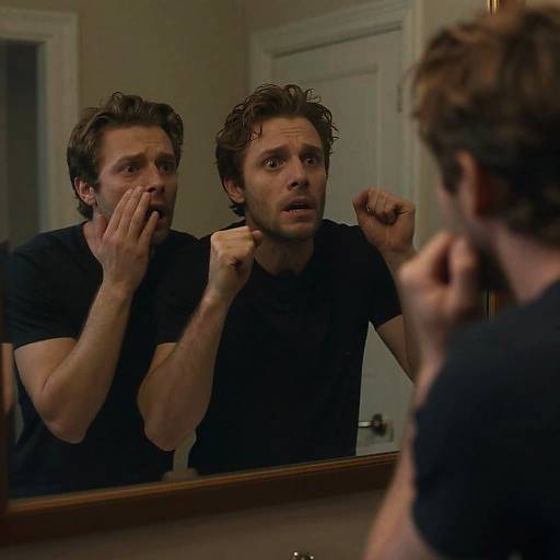 Photograph of a man with wavy brown hair, black t-shirt, and surprised expression, looking at himself in a mirror, hands raised defensively.