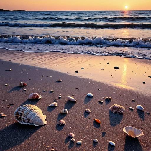 Sunset on Sandy Beach with Seashells Sunset on Sandy Beach with Seashells