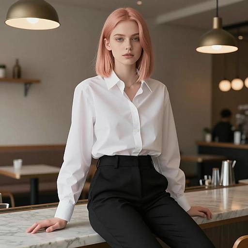 Photograph of a pale-skinned, pink-haired woman in a white button-up shirt and black high-waisted pants, leaning on a marble bar