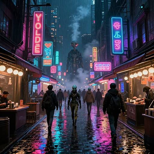 Neon-lit, cyberpunk alleyway at night with wet, reflective cobblestones. Neon signs in pink, blue, and purple. Figures