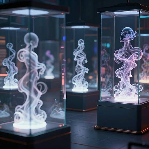 Photograph of glowing, ethereal, white neon sculptures of abstract human-like forms in glass display cases, illuminated against a dark, modern background.