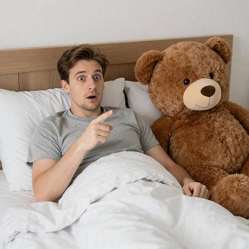Surprised Man with Teddy Bear in Bed