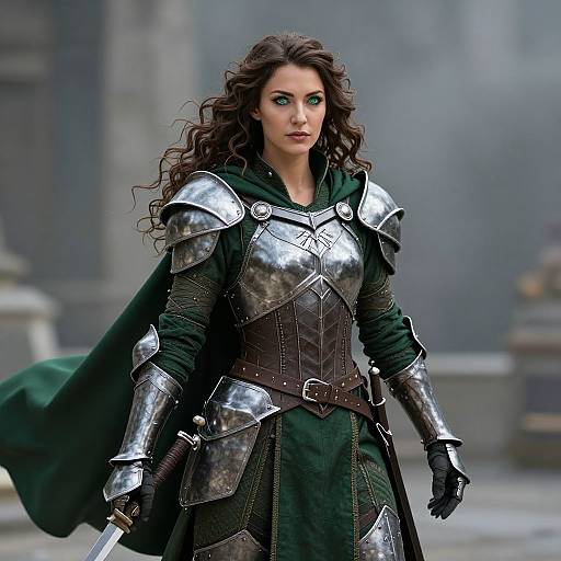 Photorealistic CGI of a fierce, curly-haired woman in medieval armor with a green cloak, standing confidently in a misty, stone courtyard.