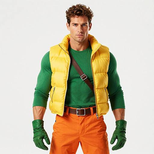 Photograph of a muscular man with curly brown hair, wearing a yellow puffy vest, green shirt, orange pants, green gloves, and a brown