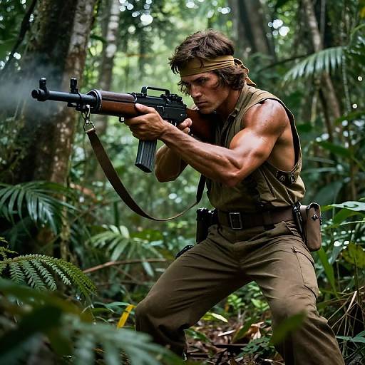 Photorealistic digital art of a muscular, brown-haired man in green military attire, headband, and brown pants, firing a rifle in a dense