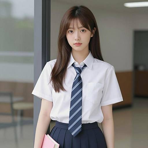 Young Asian Woman in School Uniform Holding Book