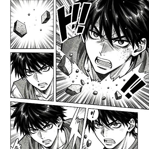 Black-and-white manga-style comic panel featuring a dark-haired, intense young man with sharp eyes and expressions, showing shock, anger, and determination. Dynamic
