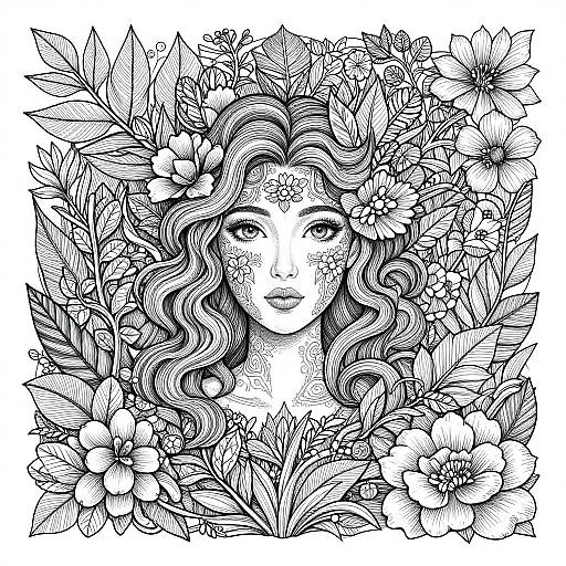 Detailed black-and-white ink drawing of a freckled woman with wavy hair, surrounded by intricate floral and leafy patterns.