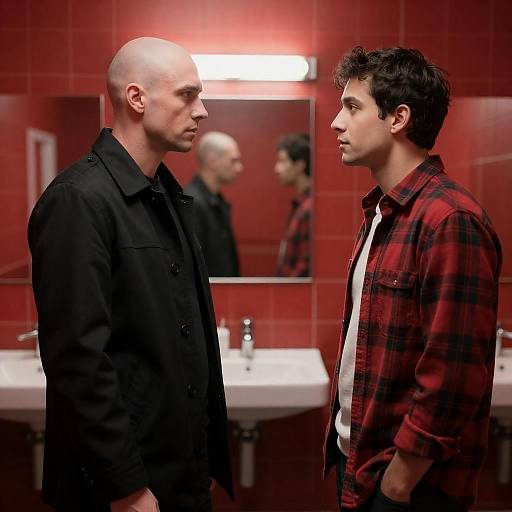 Dynamic Conversation in a Red Bathroom