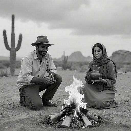 Desert Campfire Portrait in Black and White