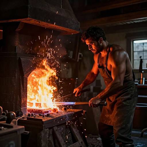 Photograph of a muscular, shirtless blacksmith with dark hair and beard, wearing an apron, hammering metal in a dimly lit forge