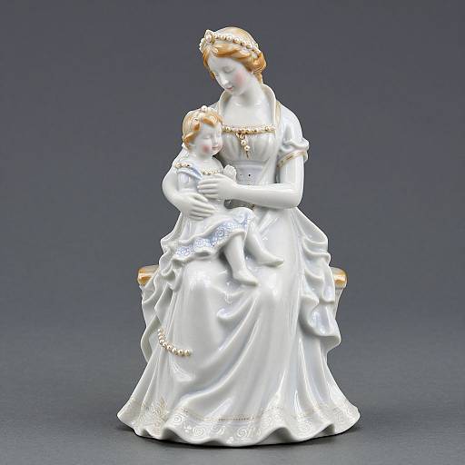 Photograph of a white ceramic figurine of a red-haired mother in a flowing dress, cradling a small child, against a dark blue background