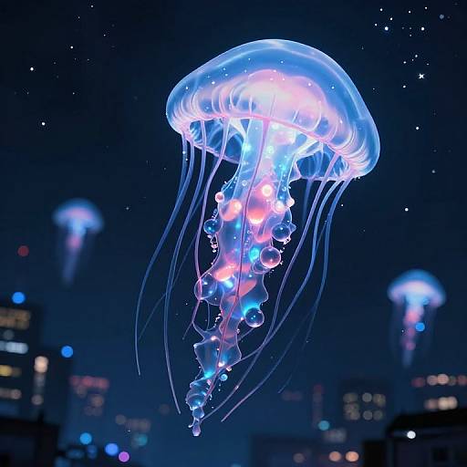 Photograph of a glowing, translucent jellyfish with blue and pink lights, floating in a dark, starry ocean, with blurred city lights in the