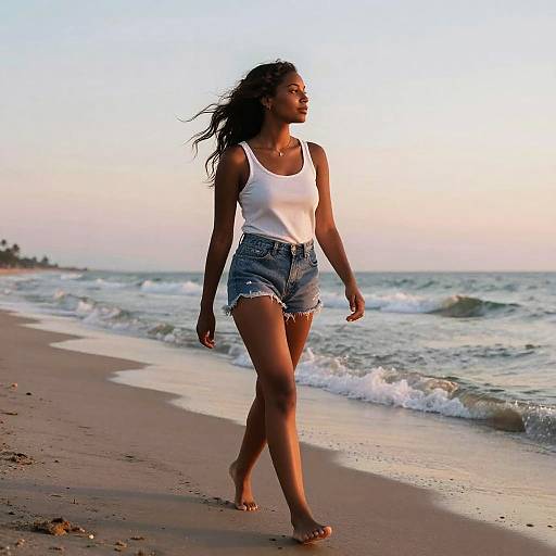 Photograph of a young woman with dark skin and long hair, wearing a white tank top and frayed denim shorts, walking barefoot on a beach