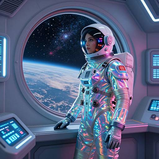 Photorealistic CGI of a woman in a shiny, multi-colored astronaut suit, standing in a spaceship cabin, gazing out at Earth and space through