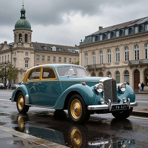 Photograph of a vintage teal and yellow classic car with gold wheels, parked on a wet, reflective street in front of historic European buildings. Overcast