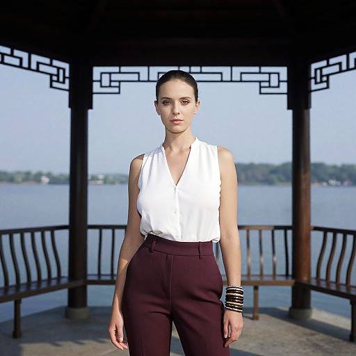 Photograph of a slender woman with light skin and dark hair, wearing a white sleeveless blouse and maroon high-waisted pants, standing in