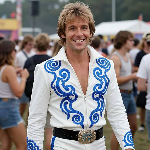 Photograph of a smiling young man with light brown hair, wearing a white, blue-swirled, V-neck shirt, black belt, and standing