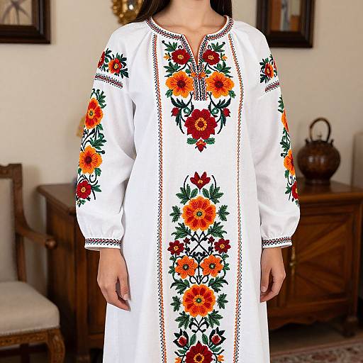 Photograph of a woman in a white, long-sleeved, floral embroidered dress with red, orange, and yellow flowers, standing in a traditional