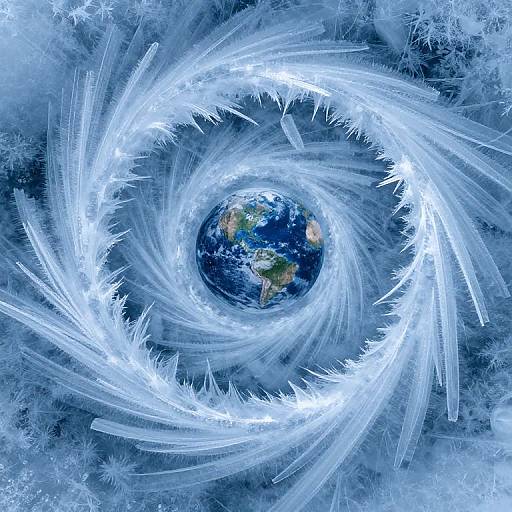 Digital art: Earth at the center of a glowing, white, icy spiral vortex against a blue and white abstract background.